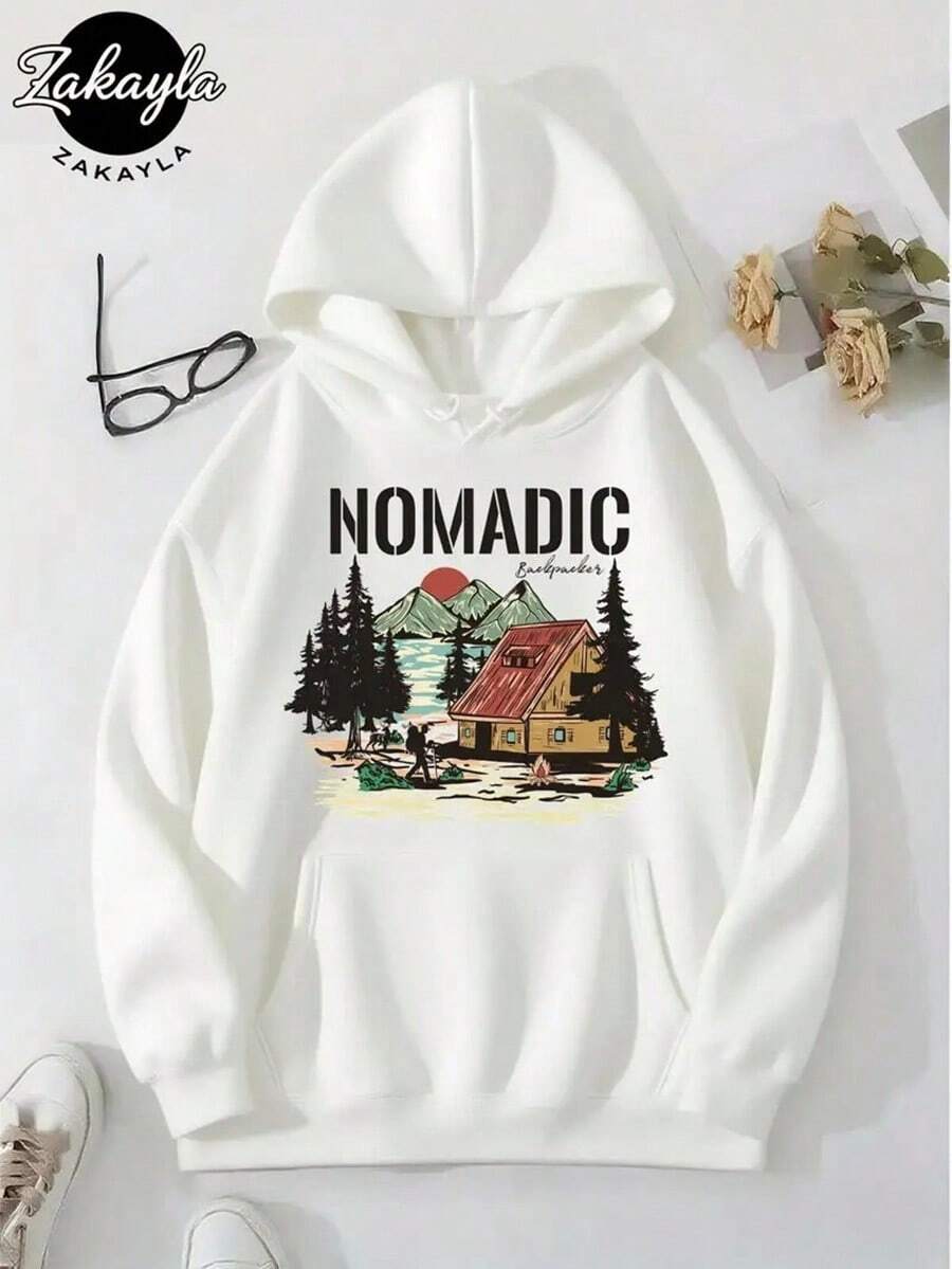 Men'S & MEN'S Nomadic Backpacker Hoodie - All-Season Outdoor Travel Sweatshirt With Tropical Mountain & Campfire Graphic Print, Birthday Party Outfit,Fall Hoodies,Men's Fall Clothes,Street Wear,Halloween,Mens Hoodies,Y2k Clothes,Jesus Hoodie,Thanksgiving Day,Nightmare Before Christmas,Christmas - 白色 - 查看 1