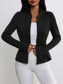 Women's Autumn/Winter Sports Jacket, Solid Color Front Zipper Sports Jacket, Long Sleeve Casual Lightweight Jacket, Women's Casual Sports Lightweight Cardigan Jacket Black Spring - Black - View 4