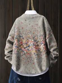 Women's Lightweight Floral Print Sweater - Khaki With Multicolor Flower Pattern, Casual Crew Neck Long Sleeve Top, Suitable For All Seasons, Layered Design, Vibrant Color Blend - Khaki - View 2