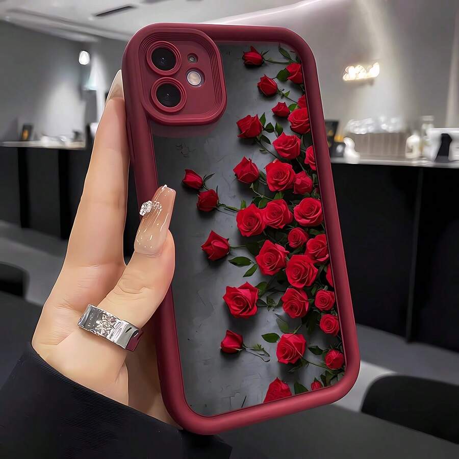 黑色花卉元素时尚手机壳，1个红色玫瑰花图案，黑色水泥背景，个性化优雅，兼容三星/Galaxy/荣耀手机壳，柔软防震保护套，春季礼物/周年纪念礼物