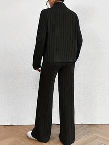 Solid Ribbed Two-Piece Set, Casual Mock Neck T-Shirt & Wide Leg Pants Outfits, Women's Clothing - 黑色 - 查看 2