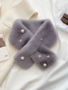 1件装女士保暖毛绒交叉珍珠加厚多功能围脖，冬季连衣裙适用