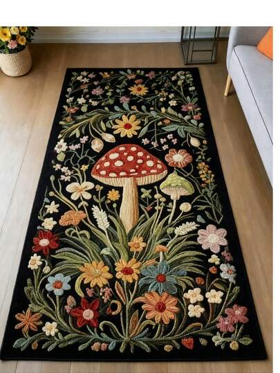 波西米亚风卡通蘑菇花卉图案圆形地毯，柔软天鹅绒材质，防滑且可机洗，适用于玄关、客厅、书房、衣橱、走廊、阳光房、露台、户外露营、野餐和家居装饰。