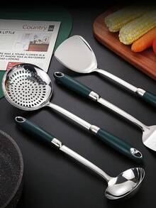 1 pièce Spatule de cuisine en acier inoxydable, ustensile de cuisine résistant à la chaleur pour la friture, le brassage, la louche à soupe - Argent - Voir 6