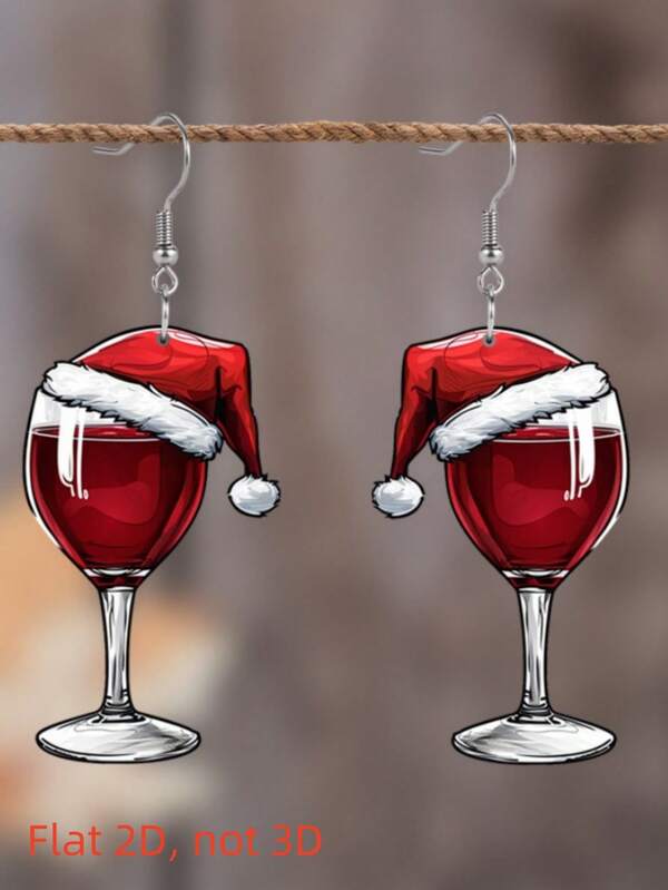 2pcs Christmas Wine Bottle Pendant Earrings, Flat Acrylic Double-Sided Printed Design, Fashionable Lightweight, Suitable For All Seasons And Holidays, Perfect For Parties And Celebrations, An Ideal Gift For Loved Ones
