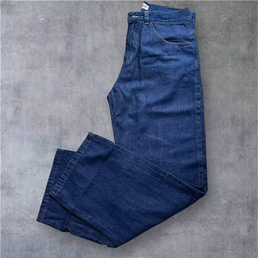 Straight Jeans. Men's Straight Flare Jeans, Vintage Wash, Loose Style, Casual, Fashion, Gray, Retro, Versatile - 深色水洗藍 - 查看 1