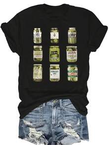 [Camiseta de moda casual] Camiseta suave y cómoda para mujer - Colección Tarro de pepinillos Casual Manga corta Cuello redondo, regalo perfecto para la abuela y la mamá, uso casual de primavera y verano - Negro - Ver 1