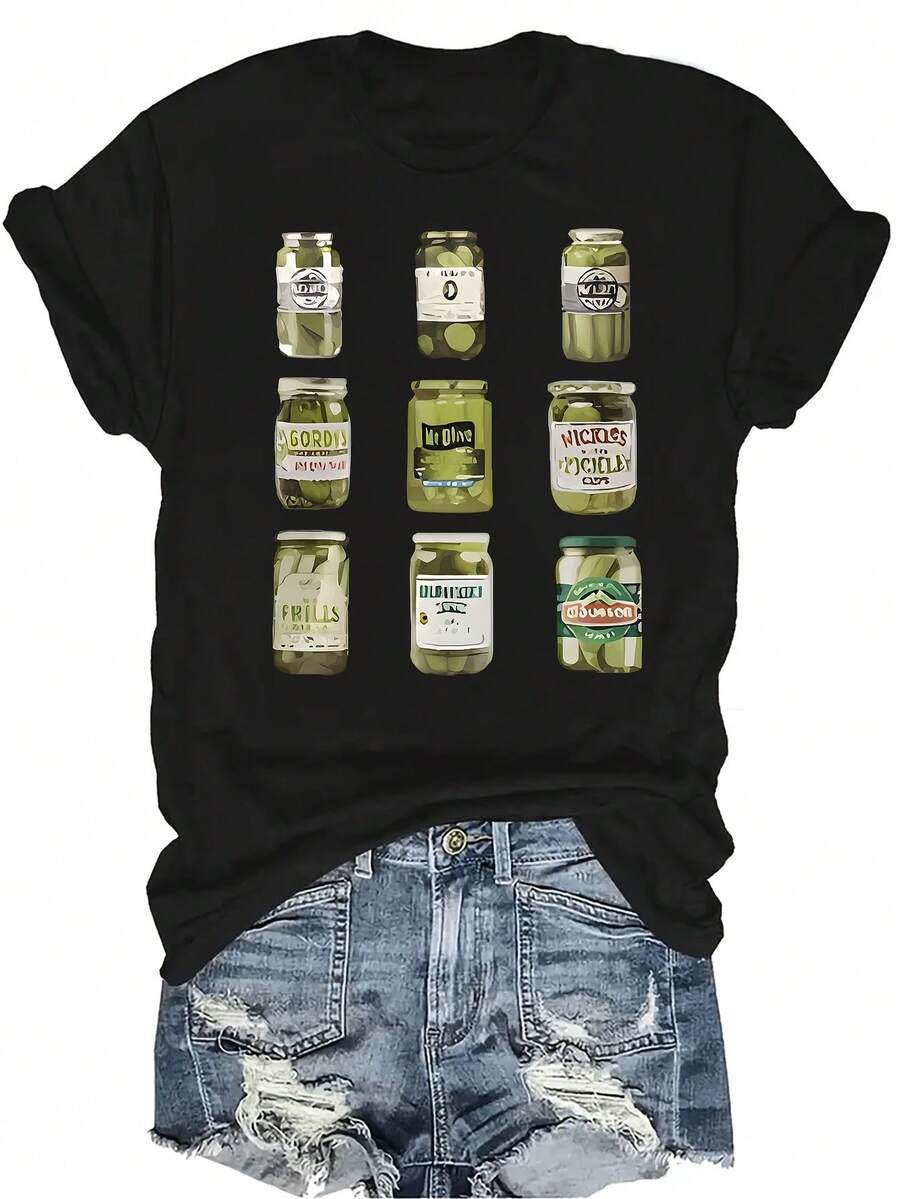 [Camiseta de moda casual] Camiseta suave y cómoda para mujer - Colección Tarro de pepinillos Casual Manga corta Cuello redondo, regalo perfecto para la abuela y la mamá, uso casual de primavera y verano - Negro - Ver 1