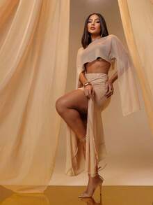 Cropped Tulle Cape With Open, Flowing Sleeves - 米色 - View 2