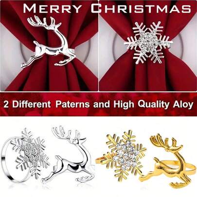 1pc/6pcs/12pcs, Multi-Color Christmas Napkin Rings, Gold And Silver Snowflake And Deer Shape Solid Color Napkin Buckles, Alloy Polished Metal Rings, Carved Hollow Design, Christmas Decorations, Tabletop Decorations, Weddings, Birthdays, Dinner Parties, Christmas Window Decorations Napkin Rings