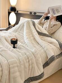 1pc White Plaid Jacquard Trim Taffeta Fleece Warm Thick Blanket, Soft & Skin-Friendly, Multi-Size & Multi-Purpose For Office, Living Room, Bedroom