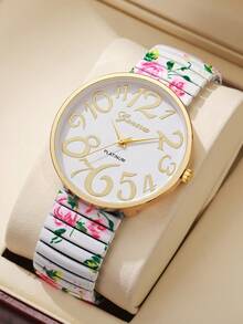 1pc Women's Elastic Band Fashion Casual Numeric Scale Dial Quartz Wrist Watch, Classic Printed Design - 白色 - 查看 6