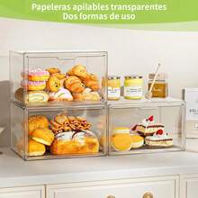 Paquete de 2 cajas de pan grandes para encimera de cocina, contenedor de almacenamiento de pan grande apilable, para pan, bagel, magdalenas - transparente - Ver 3
