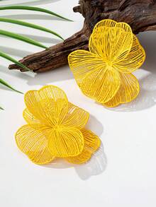 1 Cặp bông tai mặt dây chuyền hoa kết cấu vàng kim loại thanh lịch cổ điển, phù hợp cho trang phục hàng ngày, tiệc tùng, ngày lễ, quà tặng của phụ nữ - Màu vàng - Xem 2