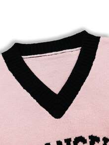 Women's New Style V Neck Collision Color Letter And Number Pattern Jacquard Loose Casual Stylish Street Retro Preppy Long Sleeve Sports Sweater, Fall And Winter