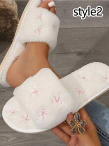 1pair Women's Cozy Faux Fur Slip-On Slippers With Pink Bow Embroidery - Stylish All-Season Indoor Flat Shoes, Casual Comfort Wear, Hand Washable, Casual Footwear | Stylish Slippers | Soft Texture,Women's Faux Fur Embroidered Slippers With Pockets, Sole For Noise Reduction, All-Season Indoor House Shoes, Ladies Slippers, Comfortable Footwear, Elegant Slipper Design