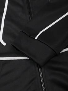 1 Conjunto de Sudadera con Capucha y Pantalón de Chándal Casual y Deportivo para Hombre, Primavera/Otoño, Raya Blanca y Estampado Digital, Chaqueta y Pantalón Negros