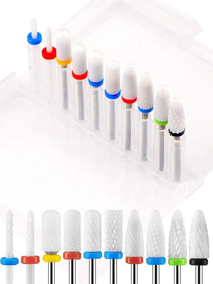 10 件/盒陶瓷美甲钻头专业旋转毛刺电动 DIY 美甲修脚适用于丙烯酸凝胶工具配件 - 彩色 - 查看 1