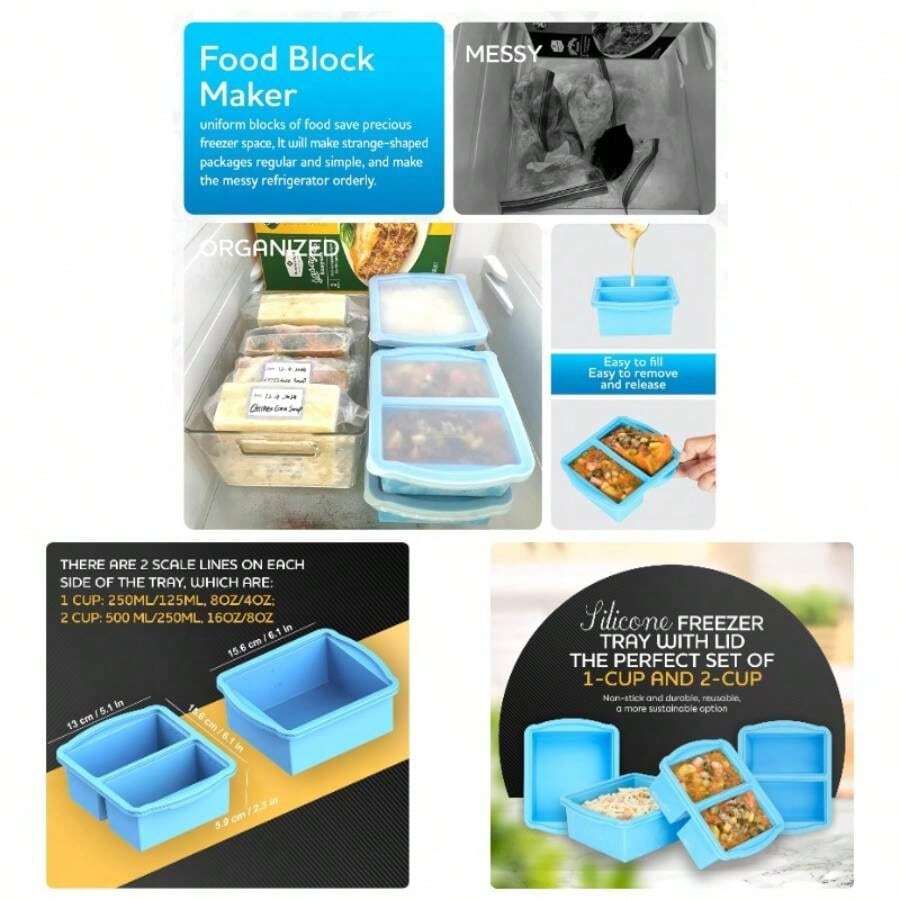 Silicone Freezer Trays With Lids, Set Of 4 - With 1cup And 2 Cup Silicone Freezer Molds Freezing Soups, Sauces And Individual Microwave - 4 包藍色 - 查看 1