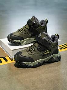 1 Pair Children's High-Top Warm Sports Shoes, Thermal-Lined Thick Warm Non-Slip Mid-Top Hiking Boots, Suitable For Children And Teenagers Outdoor Wear In Winter, Fashionable And Stylish For Boys - Green - View 2