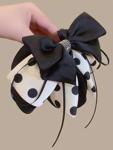 1pc Black & White Polka Dot Bow Ribbon Claw Clip, Fashionable Versatile Elegant Hair Accessory Suitable For Daily Wear, Casual, Party, Commute, Vacation, Washing Face, Makeup, Outfit Matching Winter Hair Clutch Elegant Hair Clips