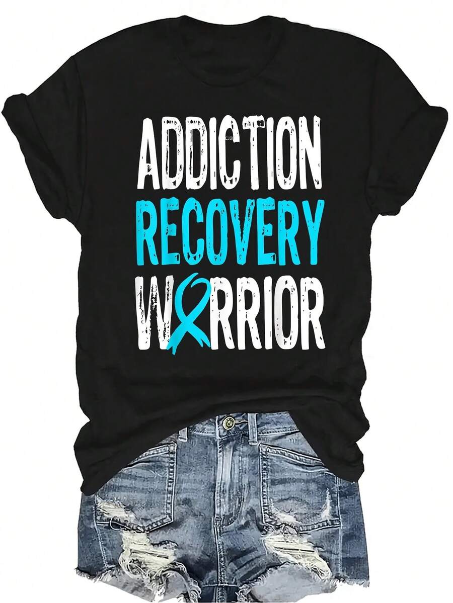 [Camiseta de moda casual] Camiseta suave y cómoda para mujer - Guerrera de la recuperación de la adicción Casual de manga corta y cuello redondo, regalo perfecto para la abuela y la mamá, uso casual de primavera y verano - Negro - Ver 1