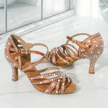 Bronze Colored Satin Latin Dance Shoes For Women Ballroom Tango Salsa Dance Shoes Indoor Party Sandals Soft Sole Rhinestone Premium Pearls Wedding Shoes 7.5CM Heels