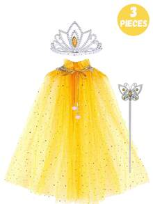 3 Peças Conjunto de Fantasia de Princesa, Varinha Mágica e Capa, Adequado para Meninas Pequenas se Fantasiarem, Jogos de Fantasia, Acessórios para Festas de Interpretação de Papéis em Feriados, É uma Escolha Ideal para Dar de Presente a Meninas