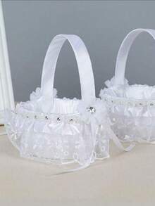 1pc Lace Trim Delicate White Flower Girl Basket For Wedding - White - View 4
