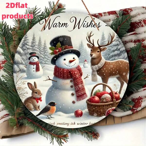 2D Flat, 1pc Rustic Farmhouse Christmas Wooden Sign, Round Wooden Snowman & Friends Wreath, Suitable For Home And Outdoor Holiday Wall Decor