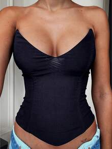 Women's Sexy V-Neck Sleeveless Cold-Shoulder Tube Top, Tight Fitting Asymmetric Hem Casual Street Style Top Black Summer - Black - View 6