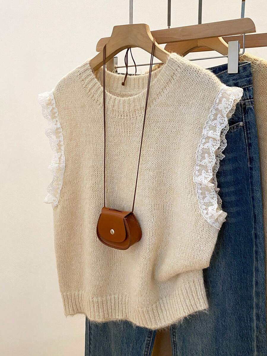 Chaleco de punto de mujer con parches de encaje de unicolor y versátil, adecuado para la primavera