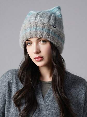 1pc Women's Solid Color Knitted Beanie Hat, Warm Ear Protection Slouchy Cap, Fashionable Versatile Headwear For Autumn/Winter, Suitable For Daily Wear And Shopping