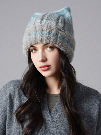 1 件女士纯色针织无檐帽，保暖护耳休闲帽，时尚百搭秋冬头饰，适合日常穿着和购物