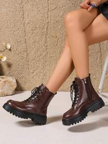 女士保暖内衬冬季靴，黑色和棕色厚底工装靴，带毛绒内衬，侧拉链系带真皮厚底靴，秋冬季 - 棕色 - 查看 3