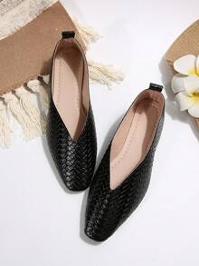 女式一脚蹬平底鞋，法式通勤休闲低跟乐福鞋，春秋季 - 黑色 - 查看 4