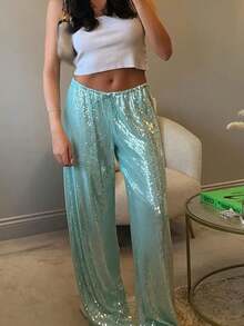 Womenacute;S Sparkle Sequin Pants Lightweight Elastic Waist Wide Leg Loose Pants Trousers - Green - View 1