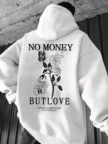 Men's No Money But Love-Floral Graphic Hoodie - Cozy Fleece-Lined Pullover, Black Casual Loose Fit Sweatshirt With Pockets, Long Sleeve Hooded Sweatshirt For Fall And Winter, Sweater Hoodie,Fall Hoodies,Men's Fall Clothes,Street Wear,Halloween,Mens Hoodies,Y2k Clothes,Jesus Hoodie,Thanksgiving Day,Nightmare Before Christmas,Christmas - White - View 1