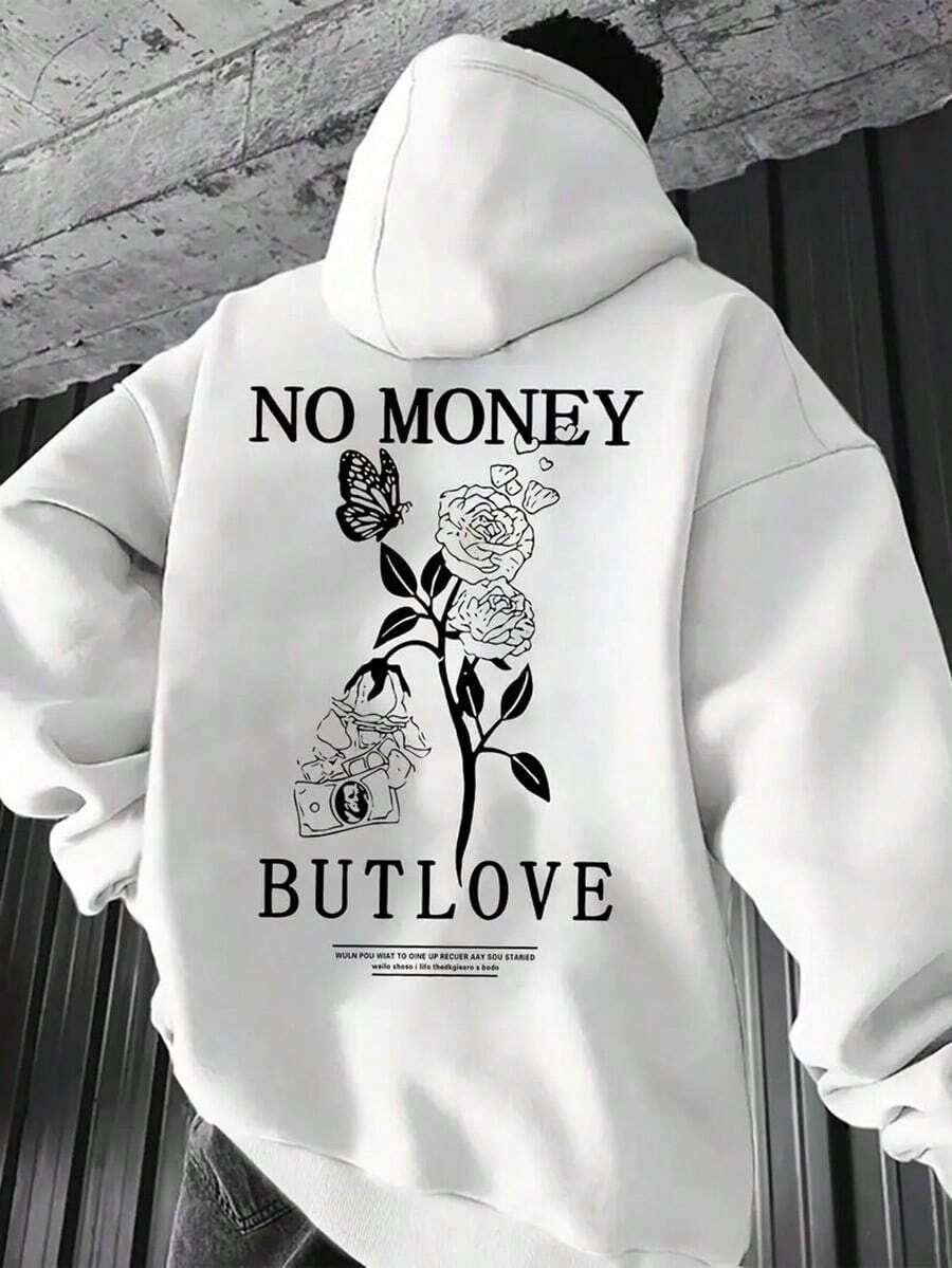 Men's No Money But Love-Floral Graphic Hoodie - Cozy Fleece-Lined Pullover, Black Casual Loose Fit Sweatshirt With Pockets, Long Sleeve Hooded Sweatshirt For Fall And Winter, Sweater Hoodie,Fall Hoodies,Men's Fall Clothes,Street Wear,Halloween,Mens Hoodies,Y2k Clothes,Jesus Hoodie,Thanksgiving Day,Nightmare Before Christmas,Christmas - White - View 1