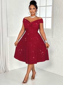 BIUBIU Plus Size Women's Sexy Solid Color Twist Knot Off Shoulder Backless Sequin A-Line Dress, Suitable For Party, Cocktail, Christmas, Valentine's Day And Other Occasions
