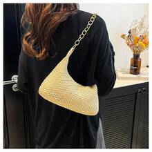 1 Pc Women's Apricot Straw Woven Metal Chain Casual Roomy Beach Vacation Style Shoulder Underarm Tote Bag, Eye-Catching Beach Bag Summer, Summer Straw Beach Bag For Women, Hottest Beach Bags For Women, Fashion Summer Vacation Bag, Beach Essentials Women Bags For Vacation & Holiday - Màu be - Xem 9