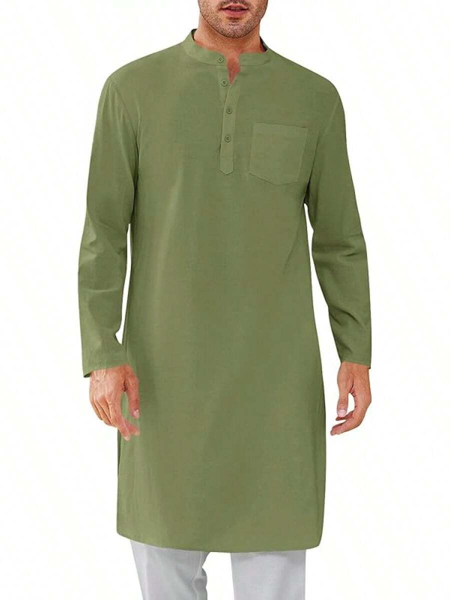 Mens Kaftan Robe Button Down Long Sleeve Henley Cotton Thobe Casual Side Split Gown Shirthalloween - 軍綠色 - 查看 1
