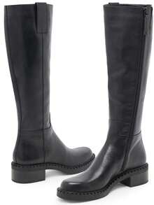 Women's Fashion Knee High Boots Faux Leather Long Low Chunky Heel Square Toe Side Zipper Boots Elegant Fall Winter Boots - 黑色pu - 查看 2