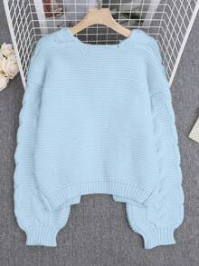 Women's Casual Commuter Ribbed Loose Knit Long Sleeve Regular Fit Cropped Cardigan, Back To School Season - Blue - View 6