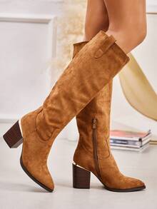 fandelle Women's Pointed Toe Fashion Daily Commute Side Zipper High Heel Knee-High Boots - Camel - View 4