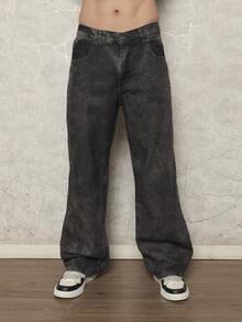 Men's Loose-Fitting Cotton Jeans With Slanted Pockets, Wide, Long, Washed, Skater Style, Cargo, Plain, Light Blue, For Going Out, Y2K Style, For Friends, Urban, For Going Out, For Work, For Vacation. - 淺灰色 - 查看 1