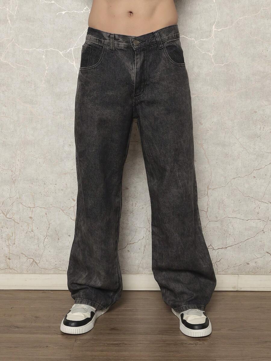 Men's Loose-Fitting Cotton Jeans With Slanted Pockets, Wide, Long, Washed, Skater Style, Cargo, Plain, Light Blue, For Going Out, Y2K Style, For Friends, Urban, For Going Out, For Work, For Vacation. - 淺灰色 - 查看 1