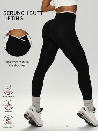 一条黑色无缝女士运动压缩裤，带有白色交叉框架设计。时尚简约，面料轻盈，灵活舒适，适合瑜伽练习，户外骑行和徒步旅行。