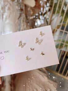 3 件套银色金属水钻蝴蝶耳钉，优雅甜美优雅女士珠宝，不含纸卡