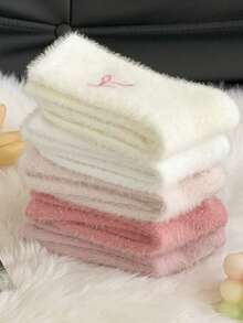 1/5 Pairs Women Autumn/Winter Fashion Versatile Socks, Bow Decor Mid-Calf Socks, Suitable For Home, Outdoor, Sleeping, Warm